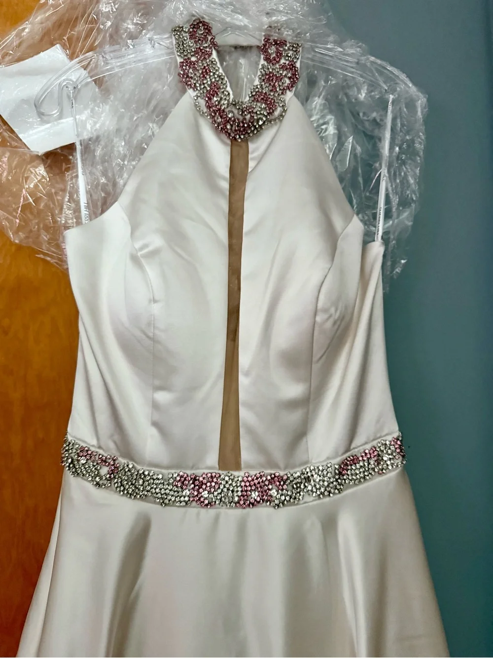 Sherri Hill White jeweled halter ball gown with illusion panel - Picture 6 of 12